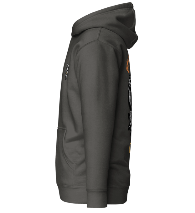 Dark gray hoodie with a small graphic on the sleeve against a white background