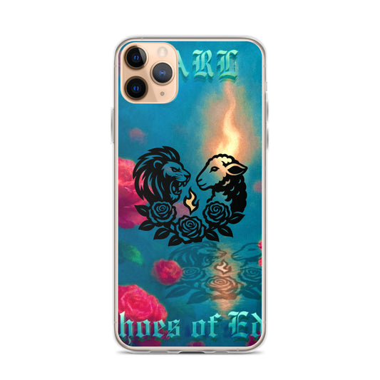 iPhone case with lion and lamb design on a colorful background