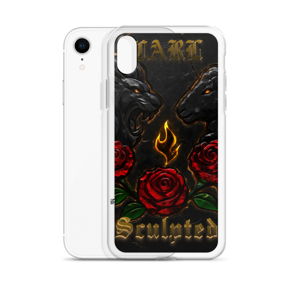 Phone case with lion and lamb, roses, and 'Sculpted' text on a black background