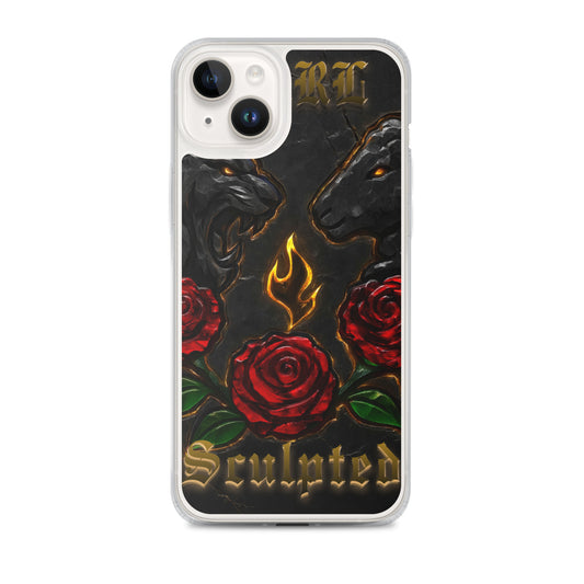 Phone case with lion/lamb heads, roses, and 'Sculpted' text on a black background