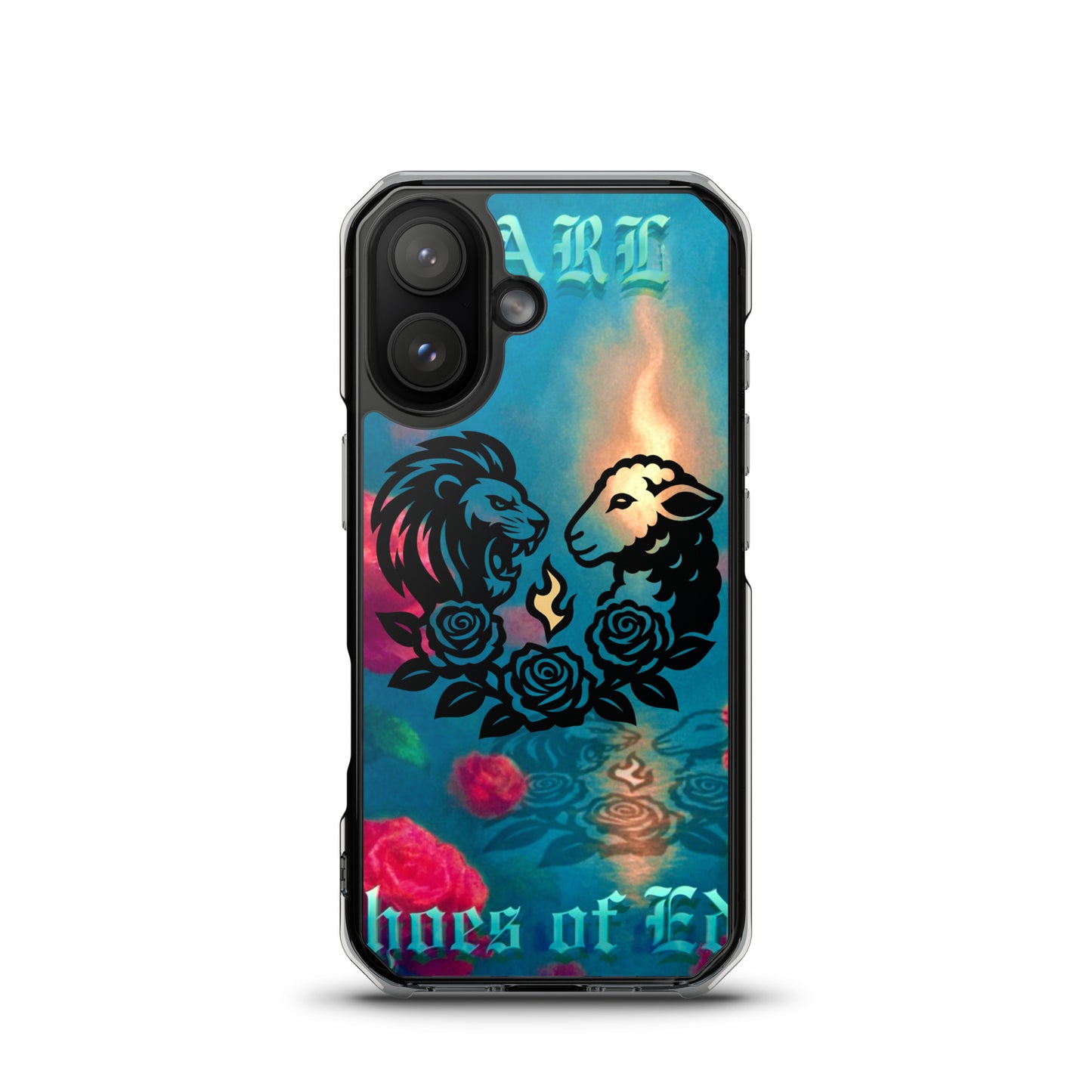 Phone case with lion and lamb design and 'Echoes Of Eden' text on a colorful background