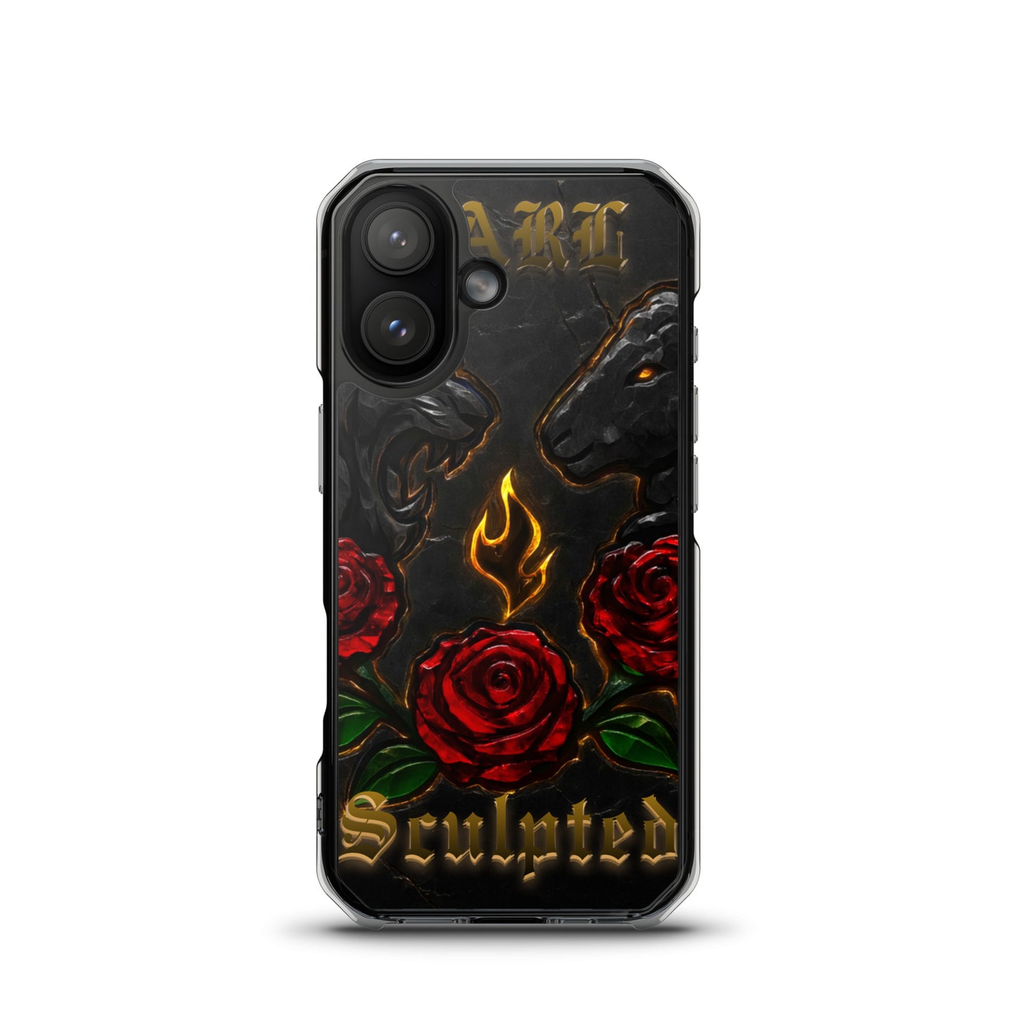 Phone case with roses, lion/lamb, and 'Sculpted' text on a black background