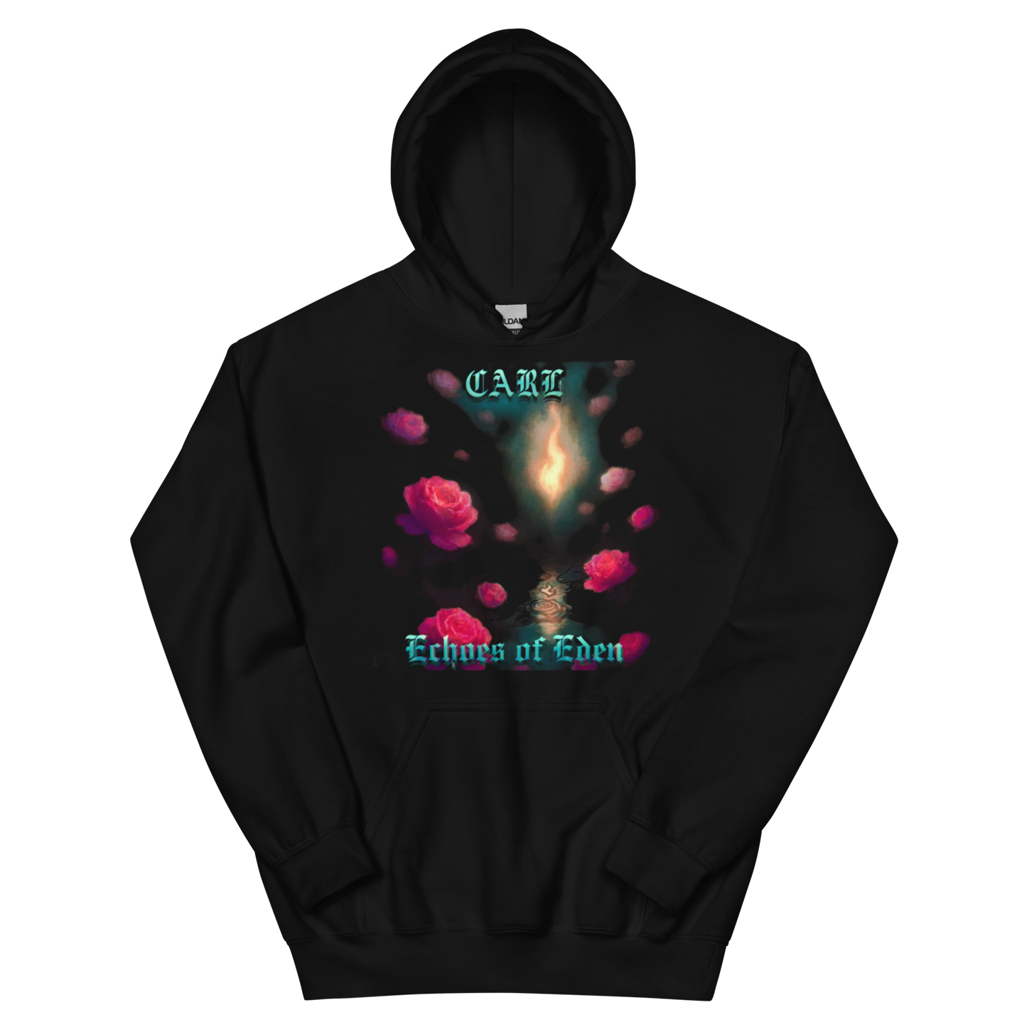Black hoodie with 'CARL' and 'Echoes of Eden' design on a white background