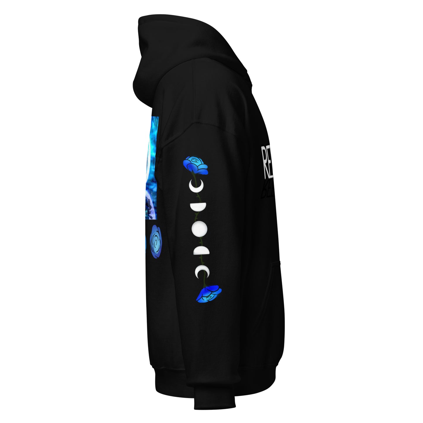Black hoodie with vine of roses and moon phases