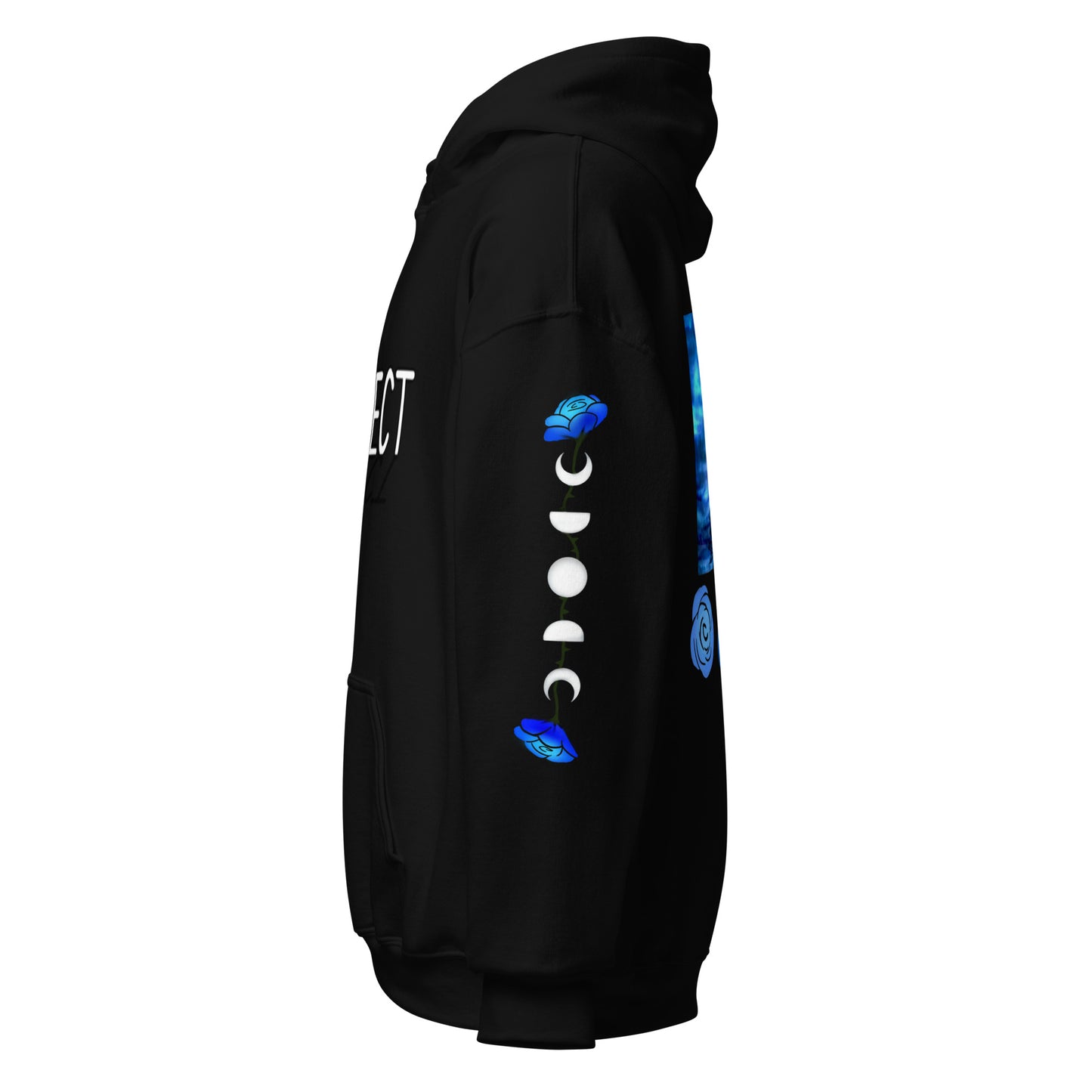 Black hoodie with blue and white designs on a white background