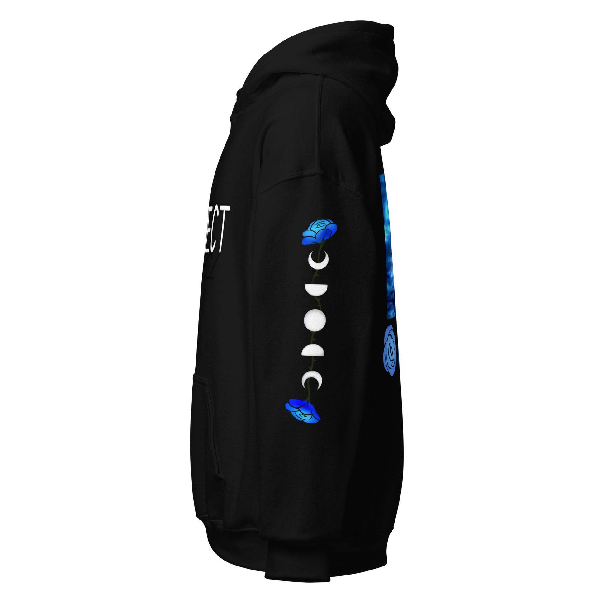 Black hoodie with blue and white designs on a white background
