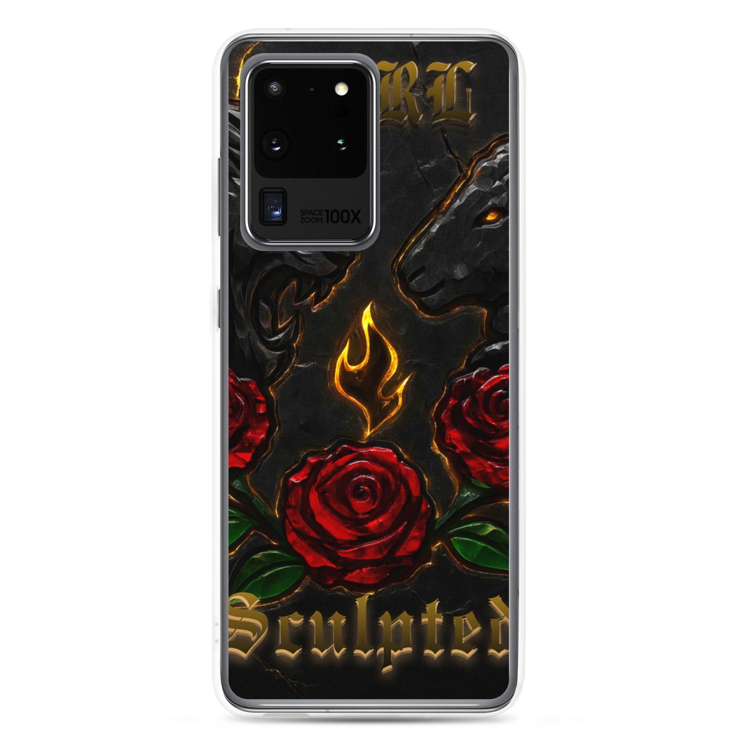 Phone case with red roses, flames, and 'Sculpted' text on a dark background