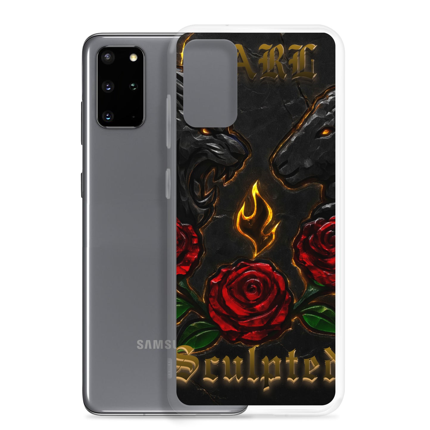 Phone case with roses and flames design on a black background