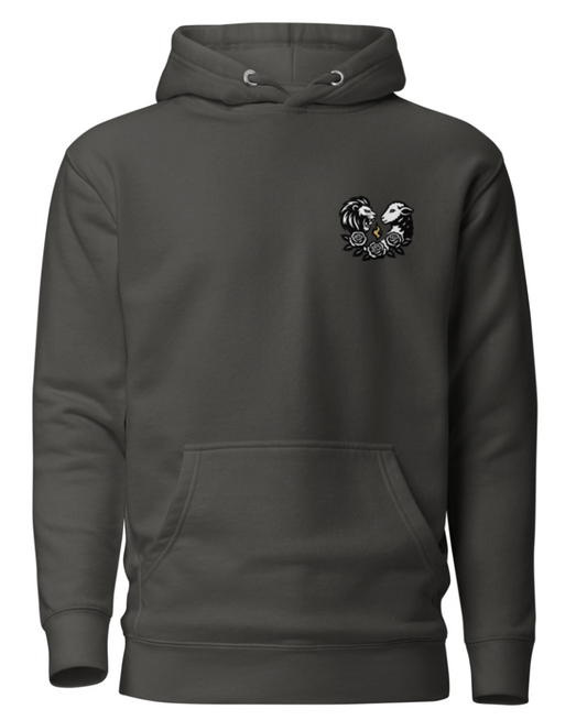 Dark gray hoodie with a small logo on the chest against a white background
