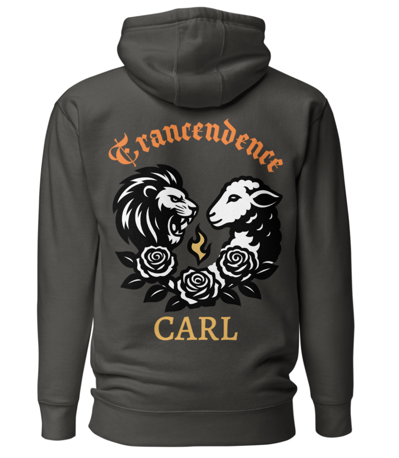 Dark gray hoodie with a design of a lion and sheep facing each other, surrounded by roses, and the text 'Transcendence Carl' on the back.