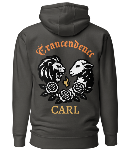 Dark gray hoodie with a design of a lion and sheep facing each other, surrounded by roses, and the text 'Transcendence Carl' on the back.