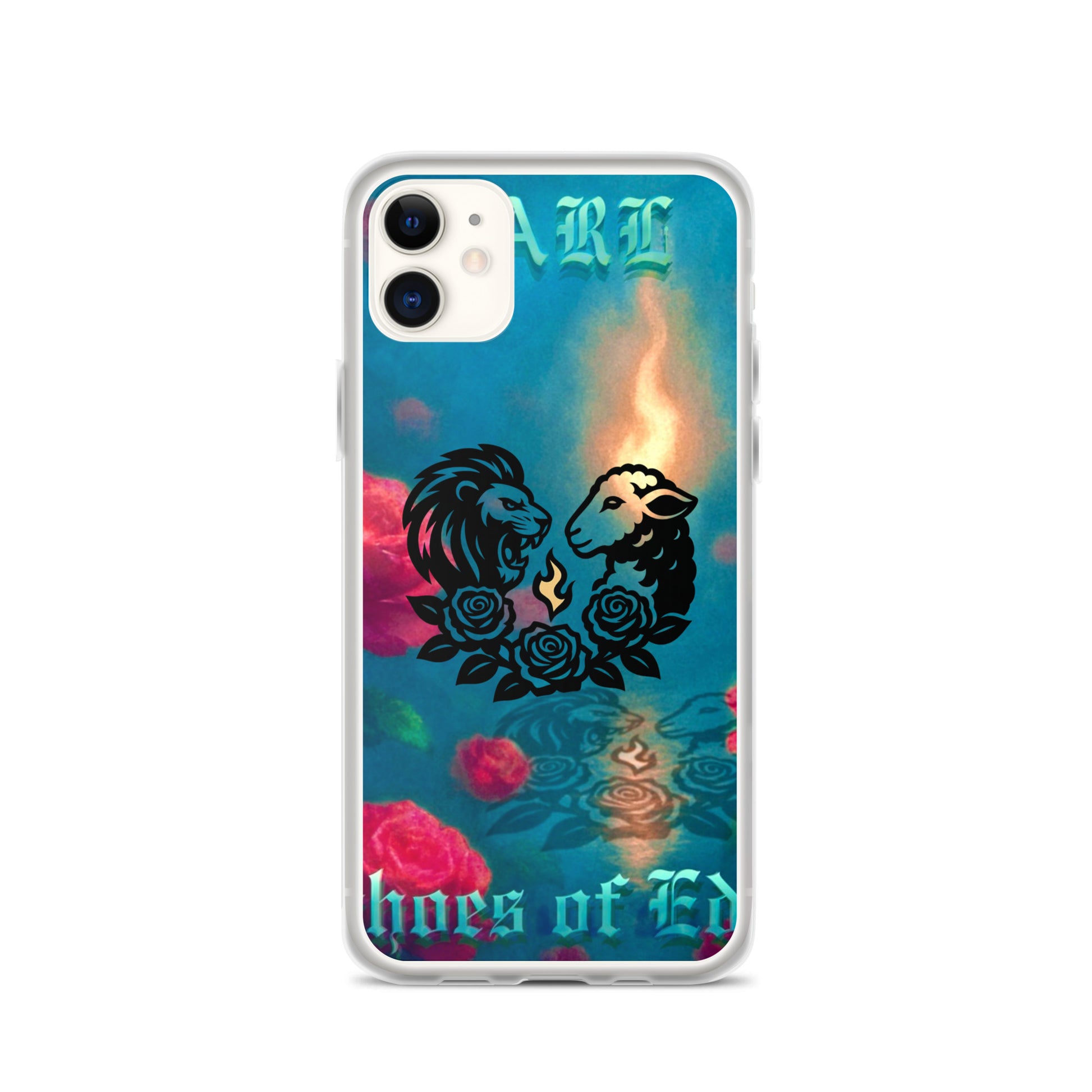 Phone case with lion and lamb design and 'Echoes Of Eden' text on a colorful background