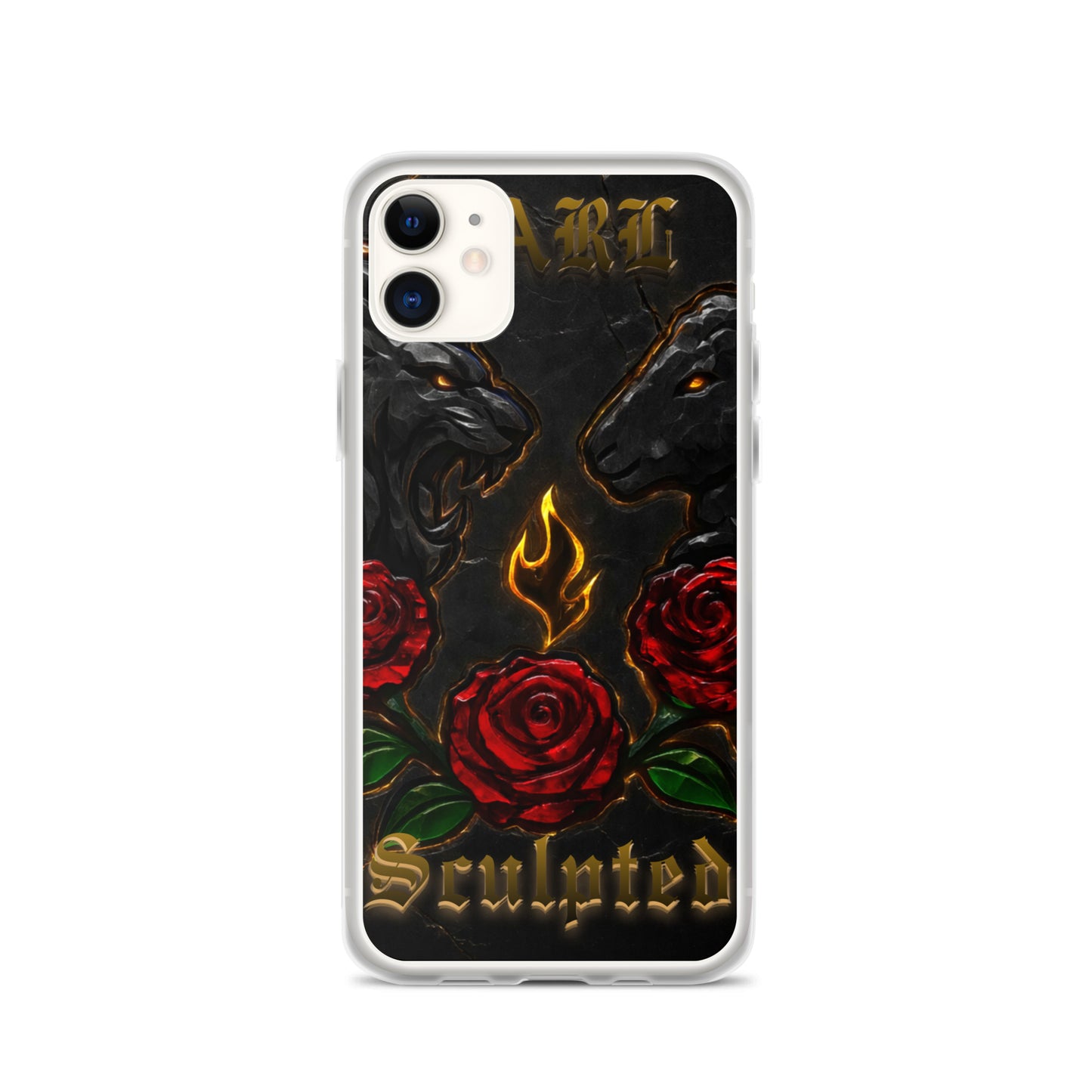 Phone case with roses, flames, and 'Sculpted' text on a black background