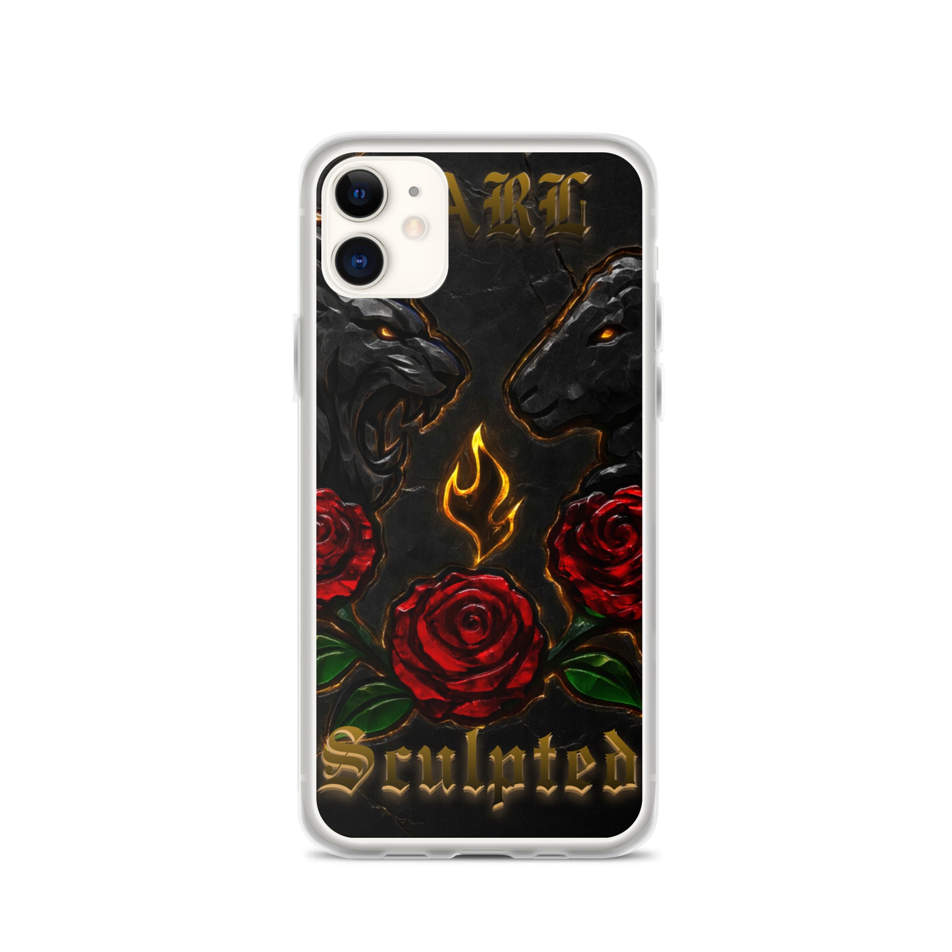 Phone case with roses, flames, and 'Sculpted' text on a black background