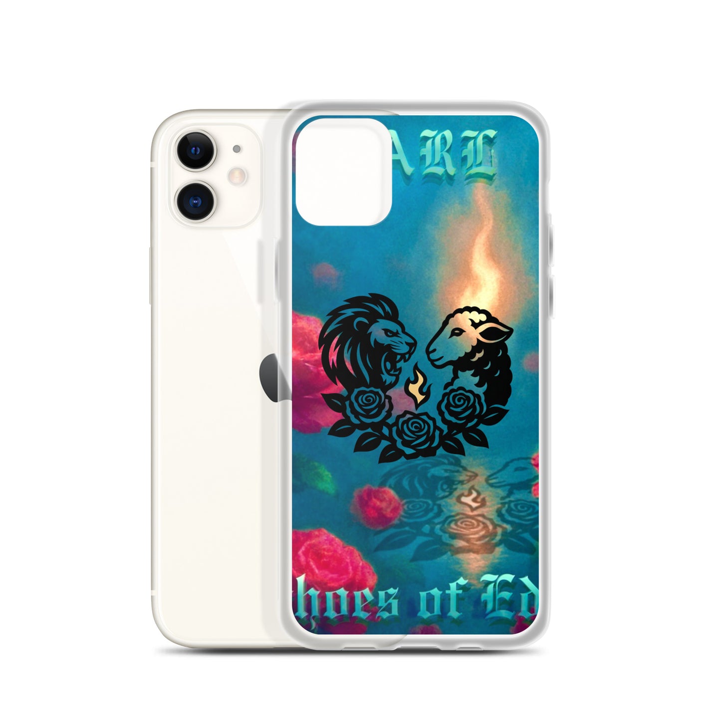 Phone case with lion design and text on a white background