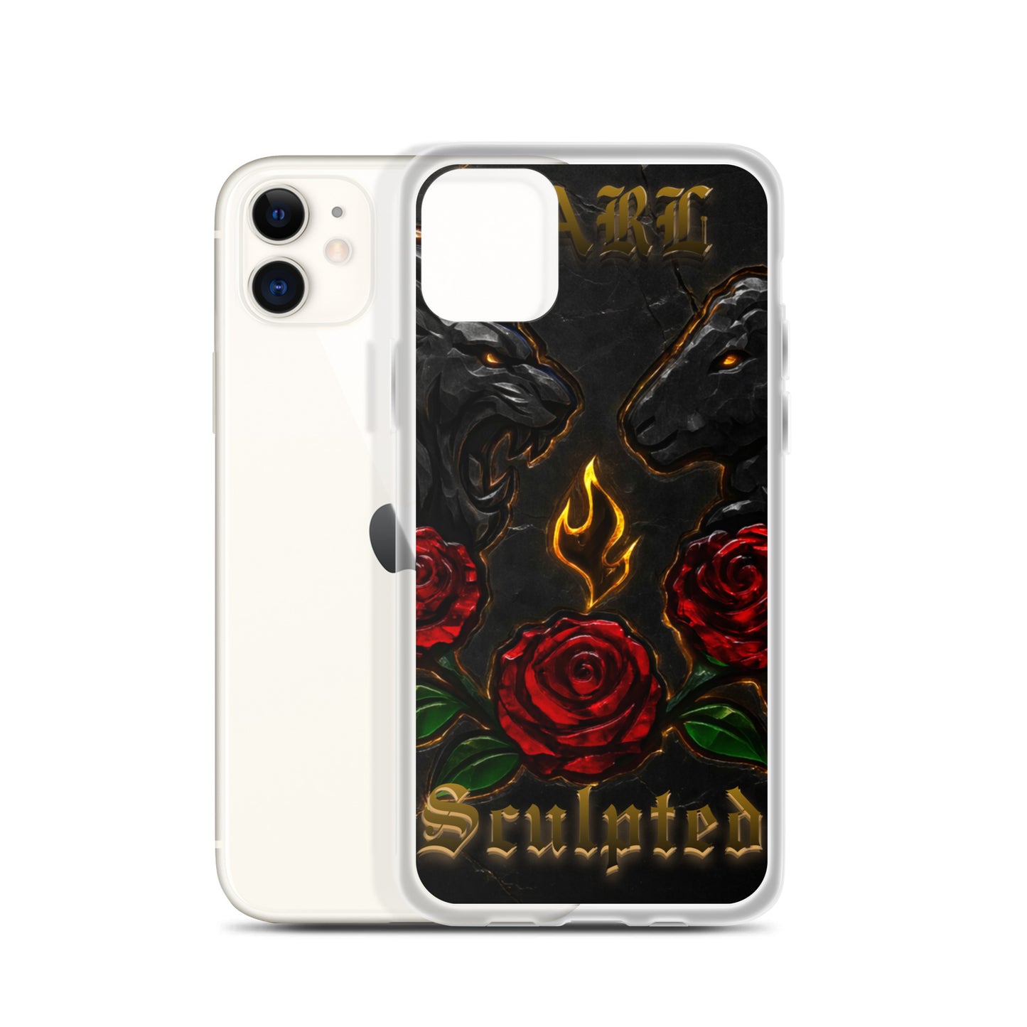Phone case with black lamb design, red roses, and 'Sculpted' text on a white background