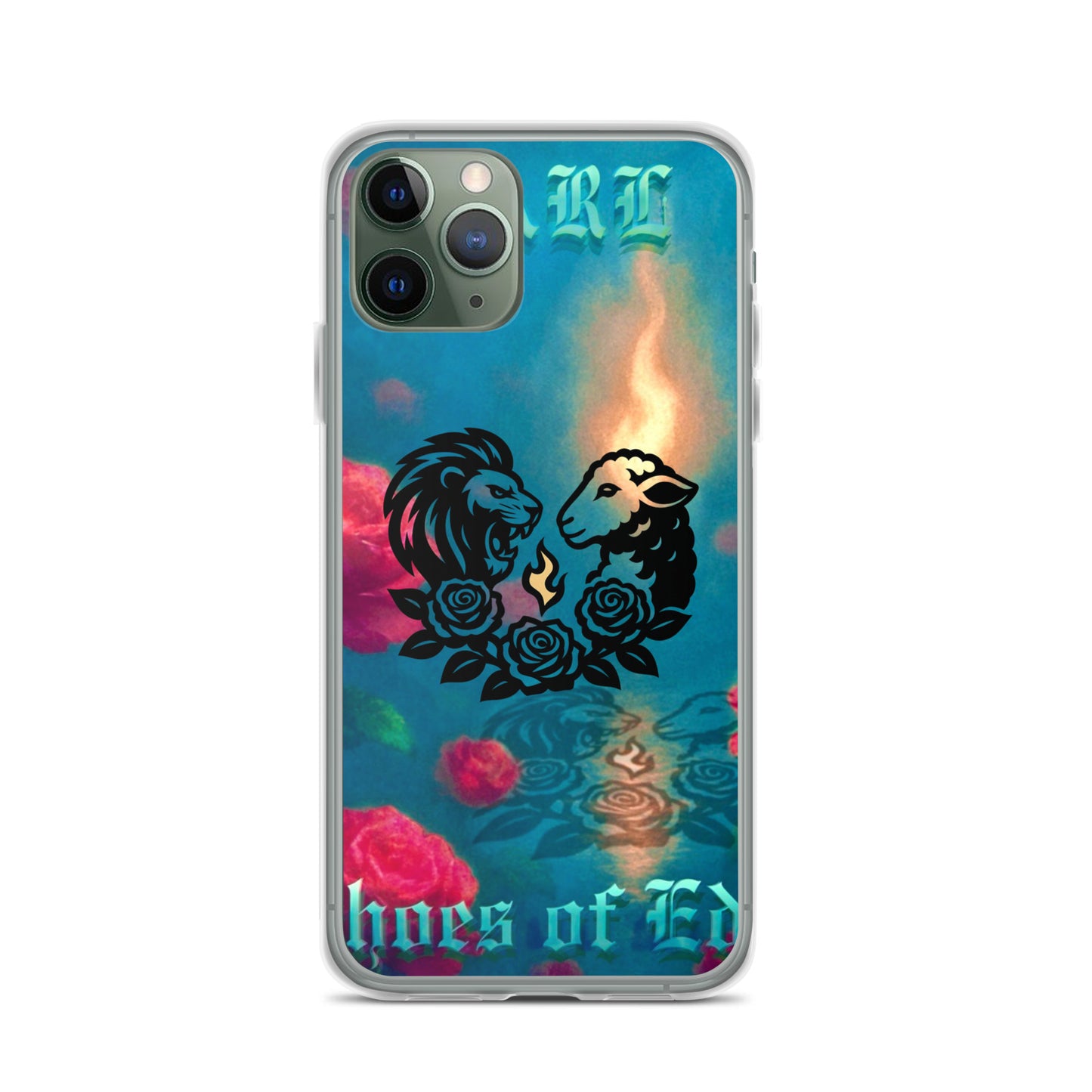 Phone case with lion and lamb design, roses, and colorful background on a white background
