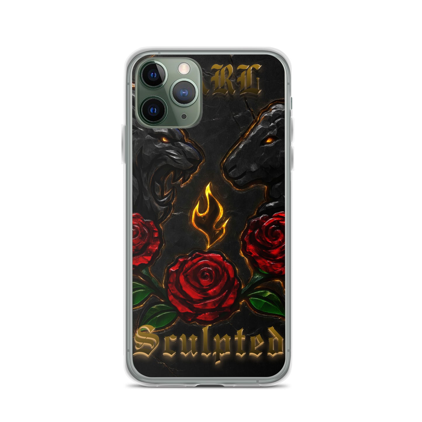 Phone case with roses, flames, and 'Sculpted' text on a black background
