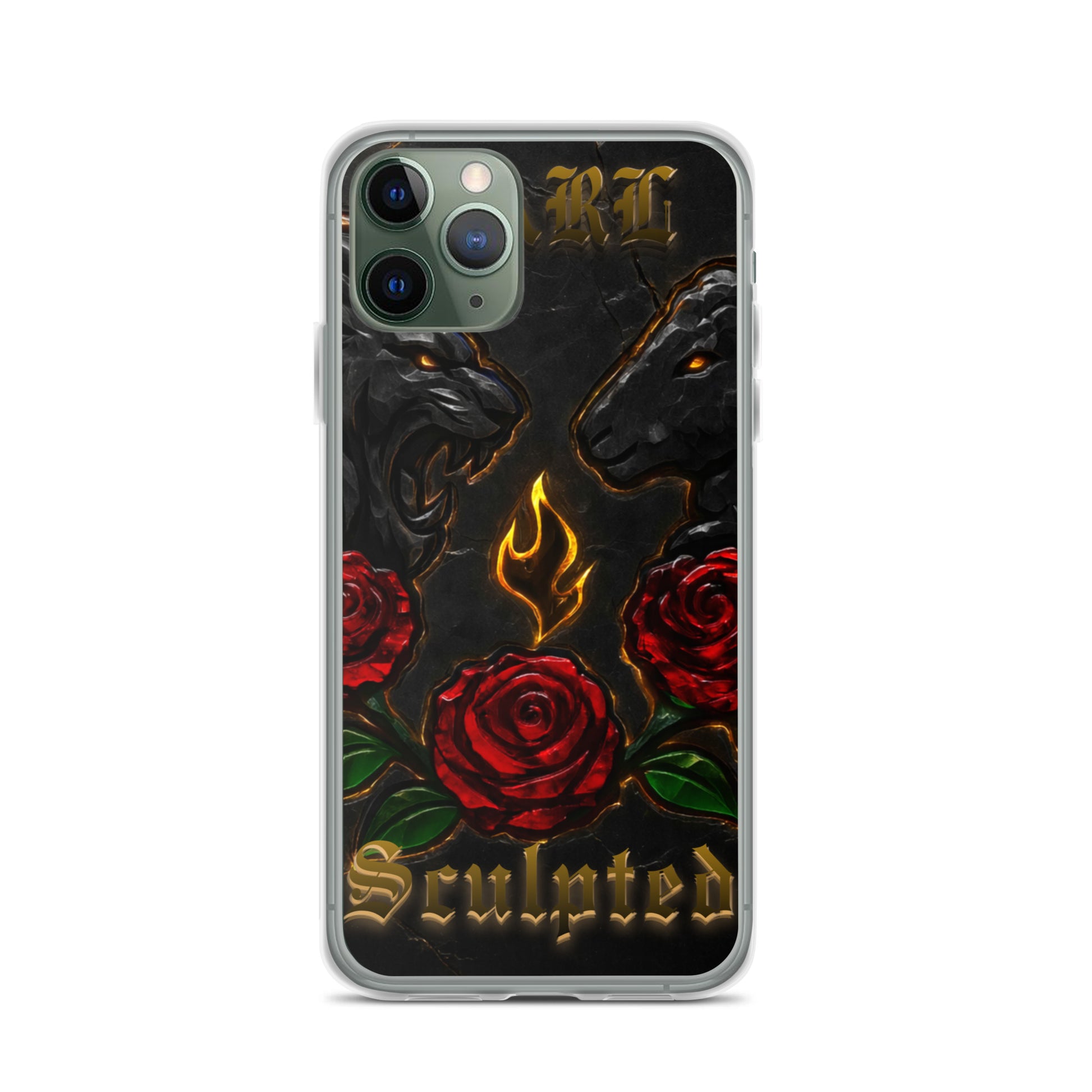 Phone case with roses, flames, and 'Sculpted' text on a black background