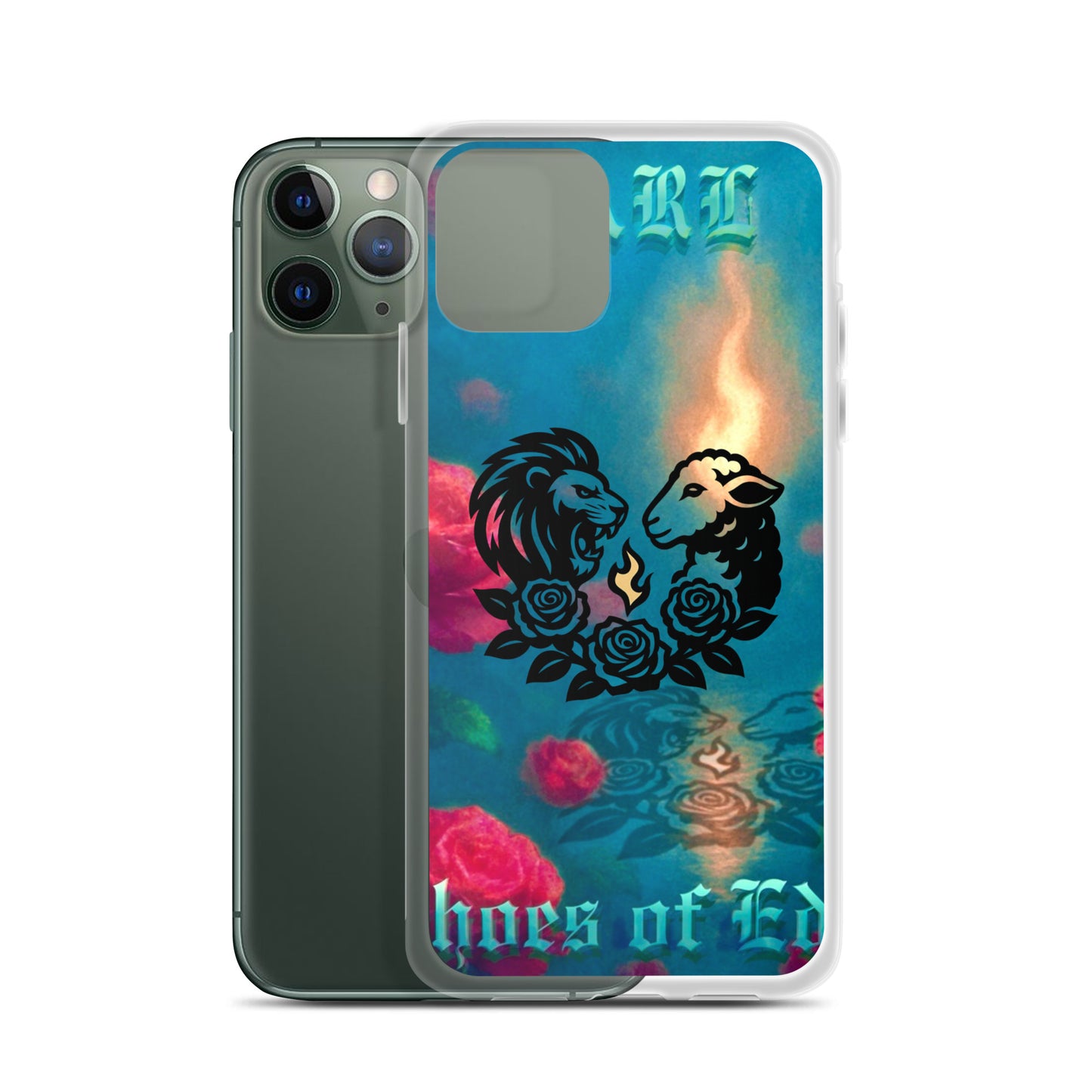 iPhone case with lion and lamb design on a colorful background