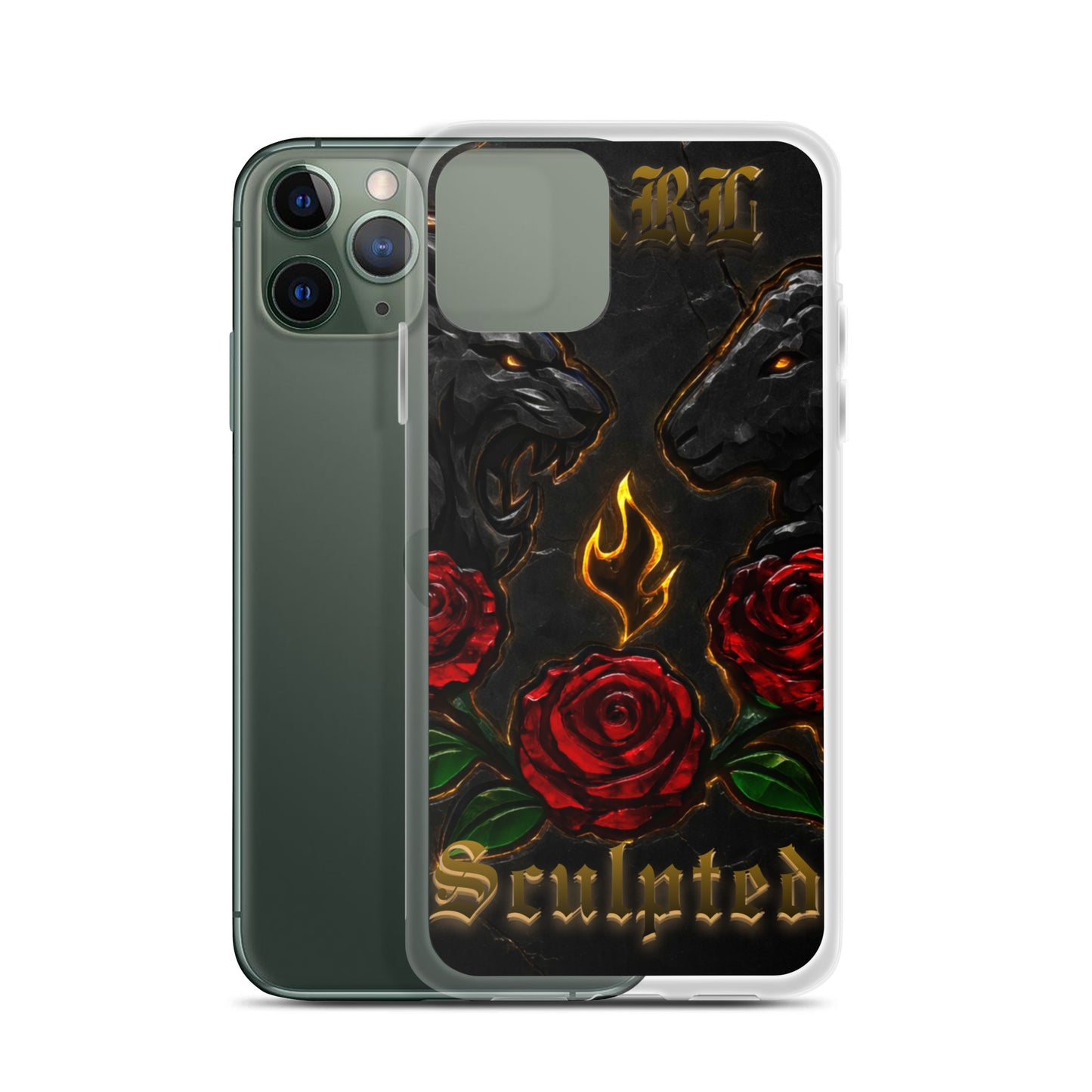 Phone case with black lamb , red roses, and 'Sculpted' text on a dark background
