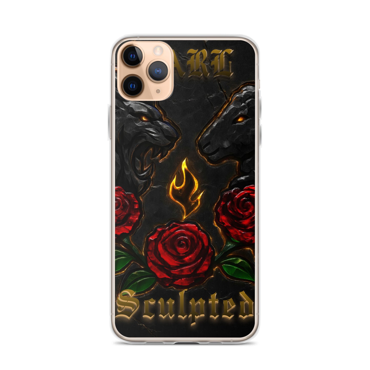 Back of Phone case with black lamb, red roses, and 'Sculpted' text on a white background