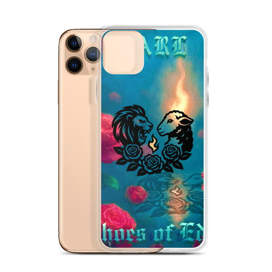 iPhone case with lion and lamb design on a colorful background