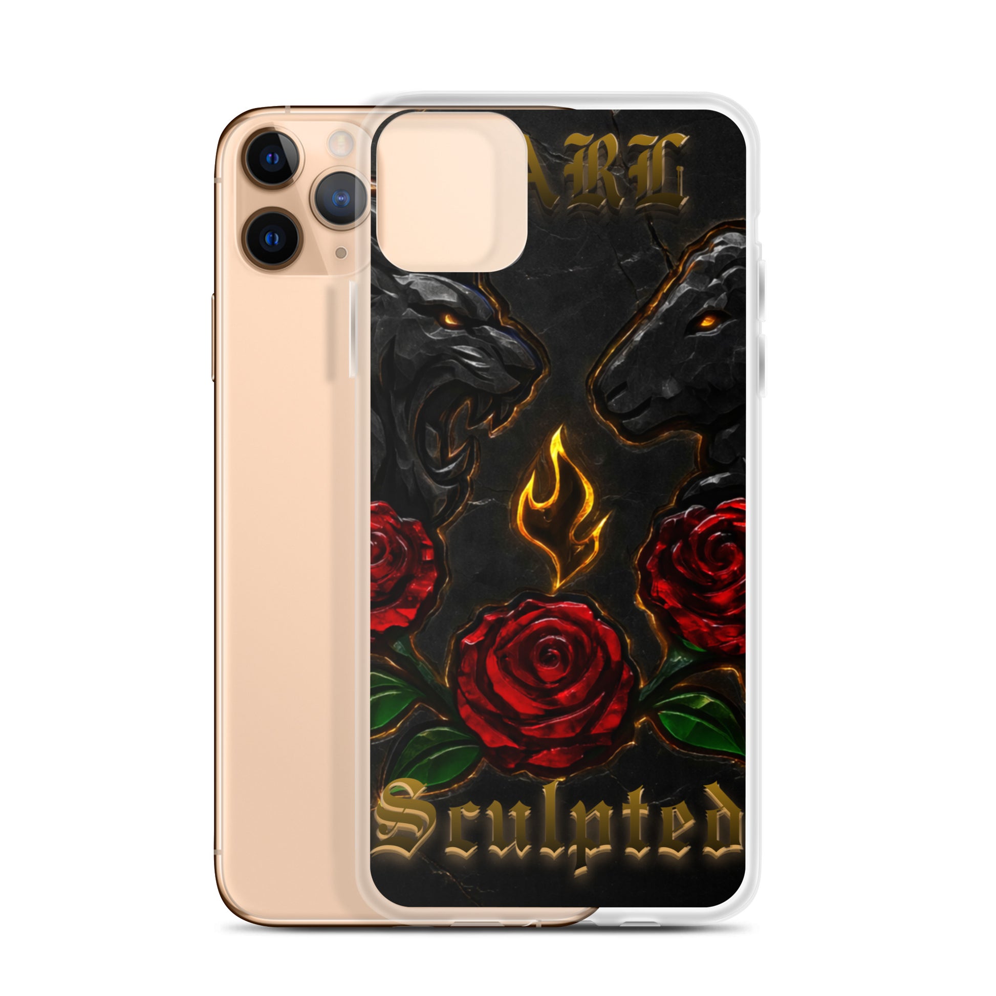 Phone case with black lamb, red roses, and 'Sculpted' text on a white background