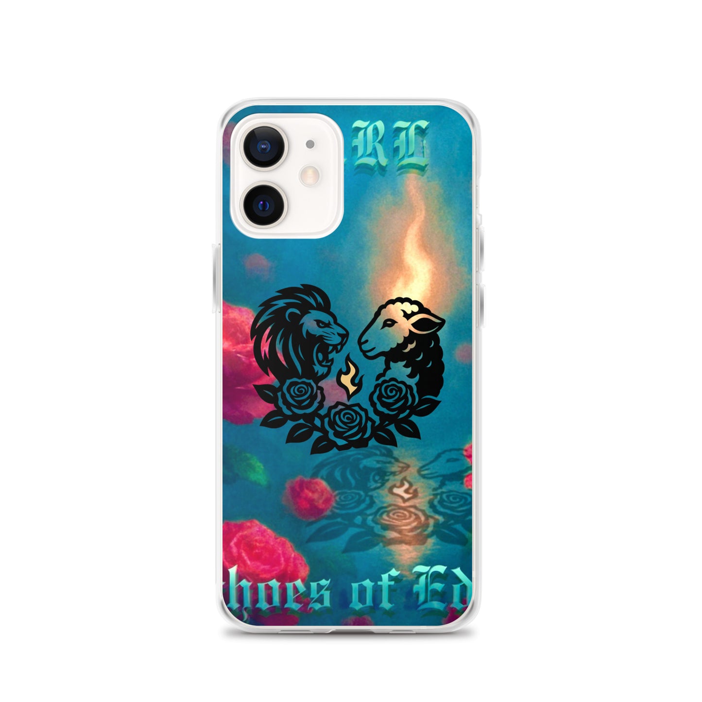 Phone case with a colorful design featuring a lion and lamb, roses, and text on a white background.