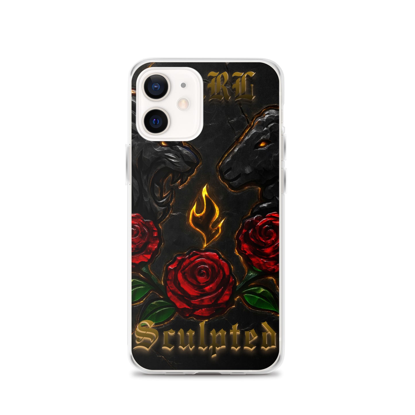 Phone case with black lamb, red roses, and 'Sculpted' text on a white background