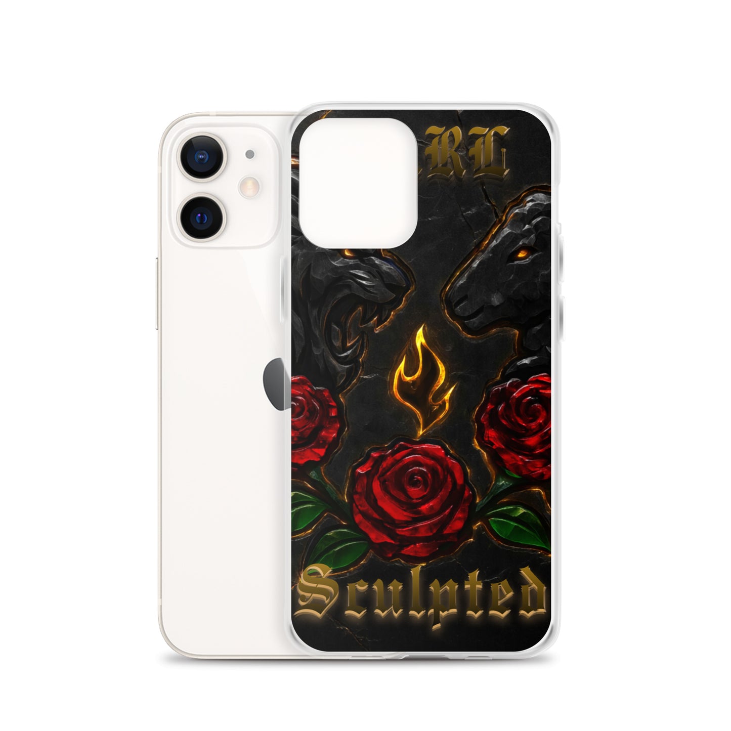 Phone case with roses, flames, and 'Sculpted' text on a black background