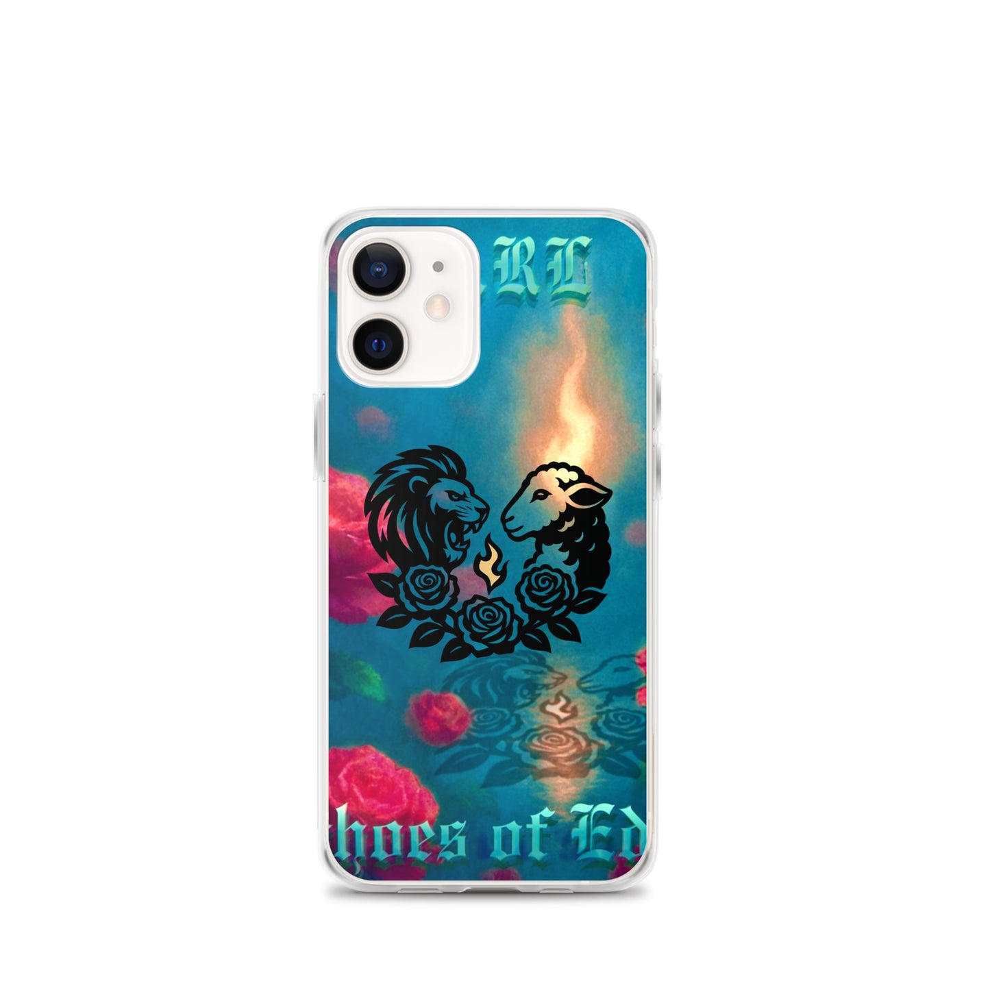 Phone case with lion and lamb design and 'Echoes Of Eden' text on a colorful background