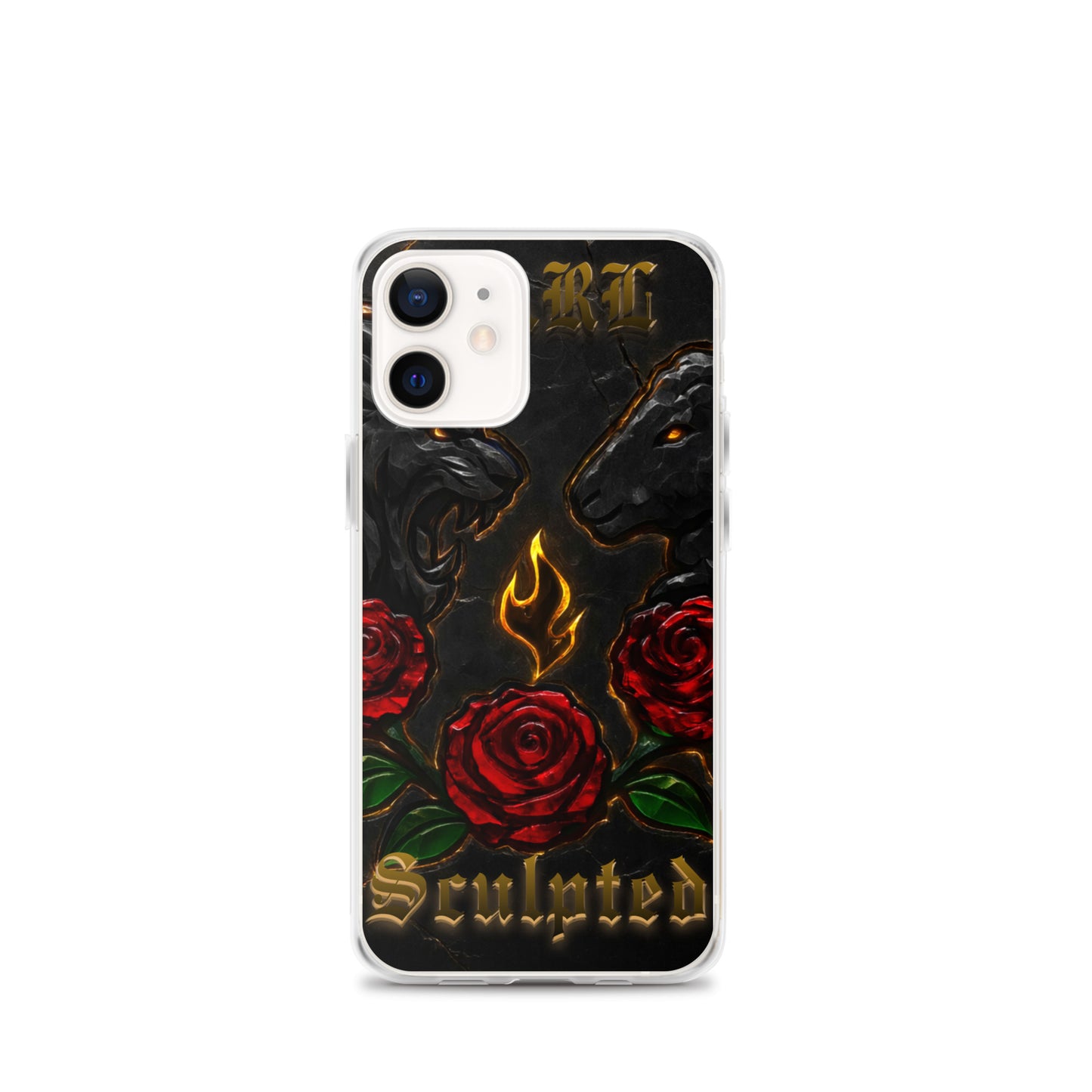 Phone case with roses, flames, and 'Sculpted' text on a black background