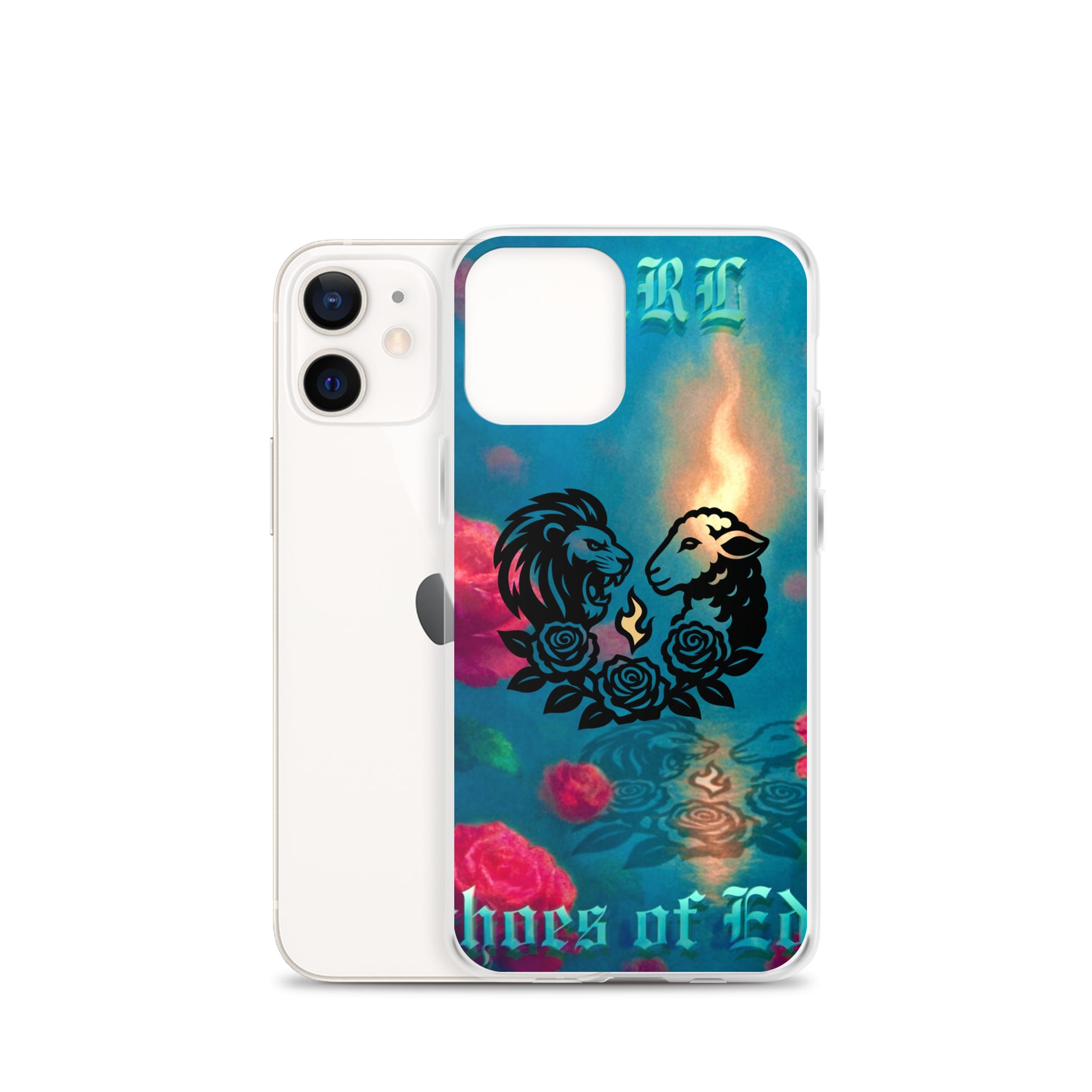Phone case with lion design and colorful background on a white background