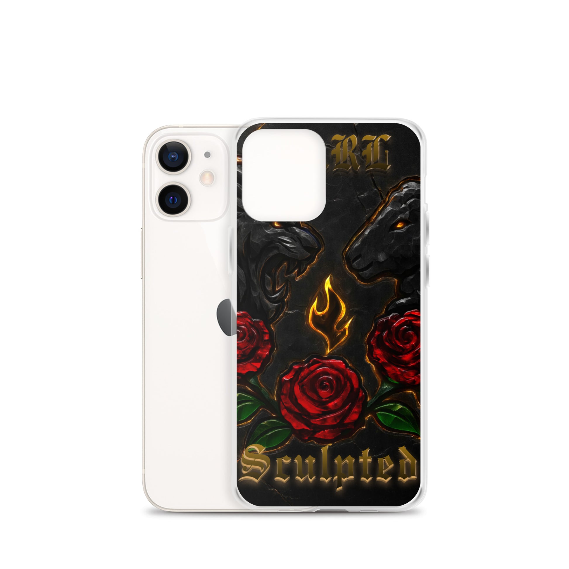 Phone case with roses and flames design on a white background