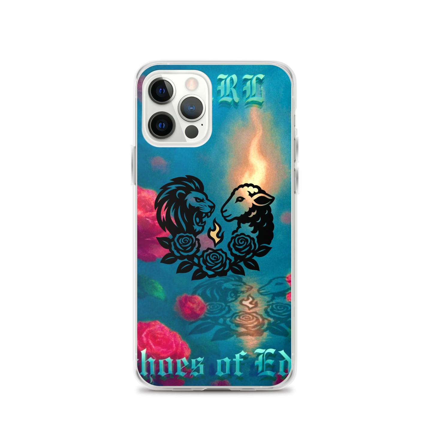 Phone case with a colorful design featuring a lion and lamb, roses, and text on a white background.