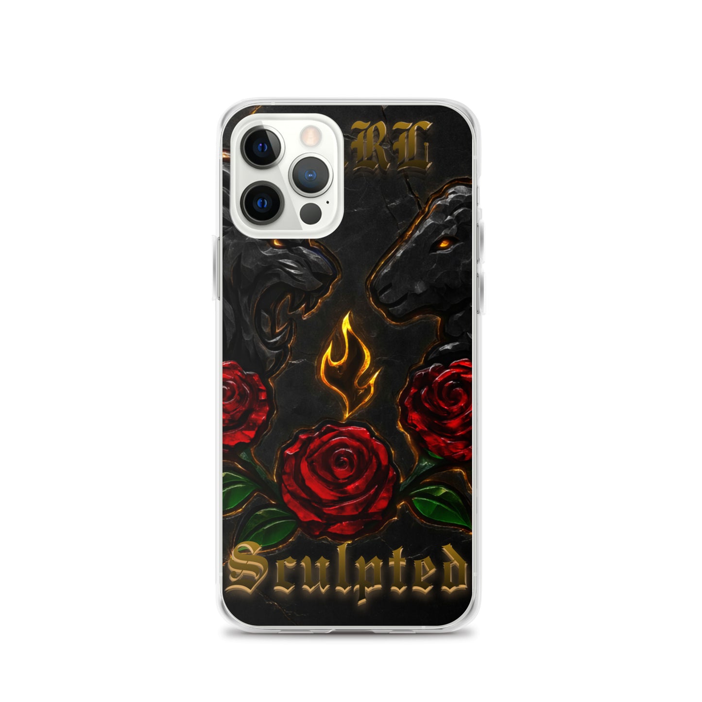Phone case with roses, lamb , and 'Sculpted' text on a black background