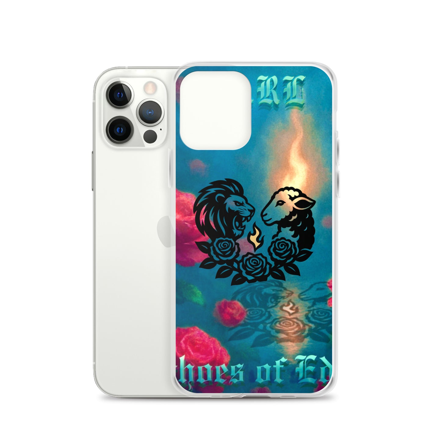 Phone case with lion design and colorful background on a white background