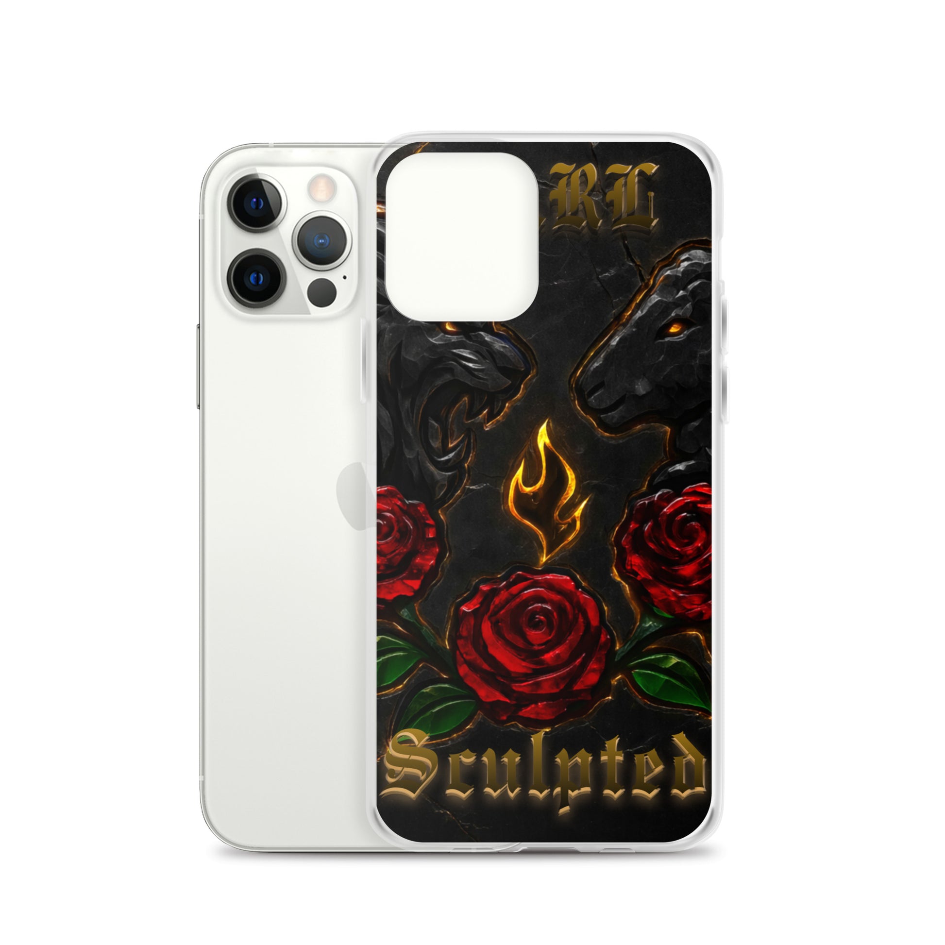 Phone case with roses, flames, and 'Sculpted' text on a black background