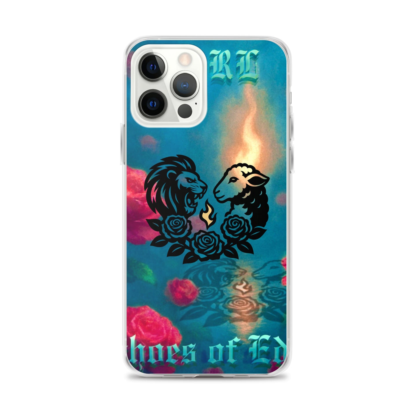Phone case with lion and lamb design, roses, and colorful background on a white background