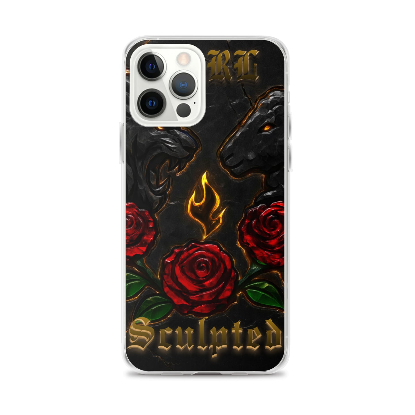 Phone case with roses, flames, and 'Sculpted' text on a black background