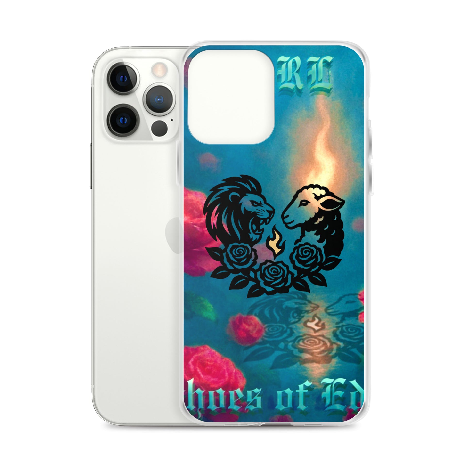 Phone case with lion design and colorful background on a white background