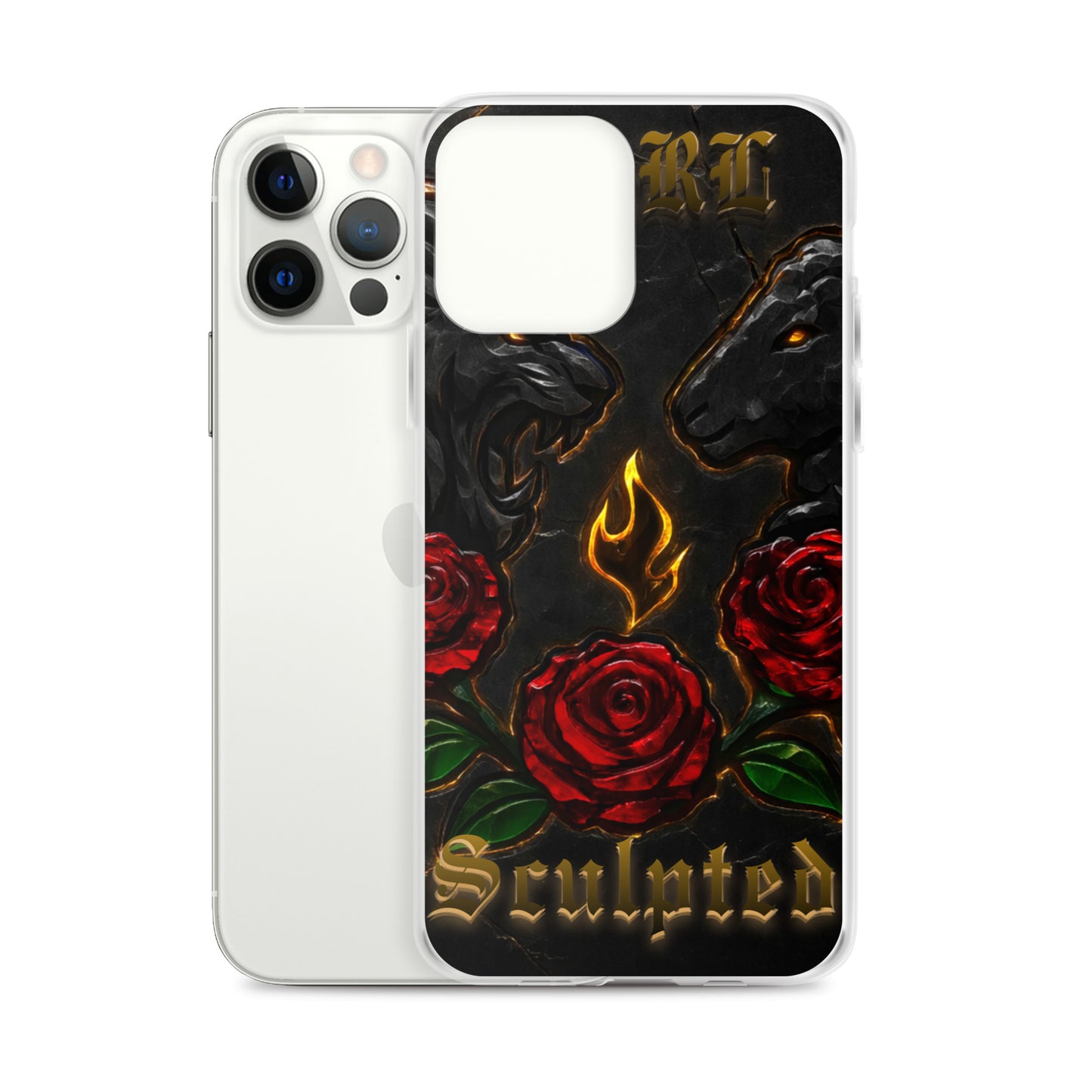 Phone case with roses and lamb design on a white background