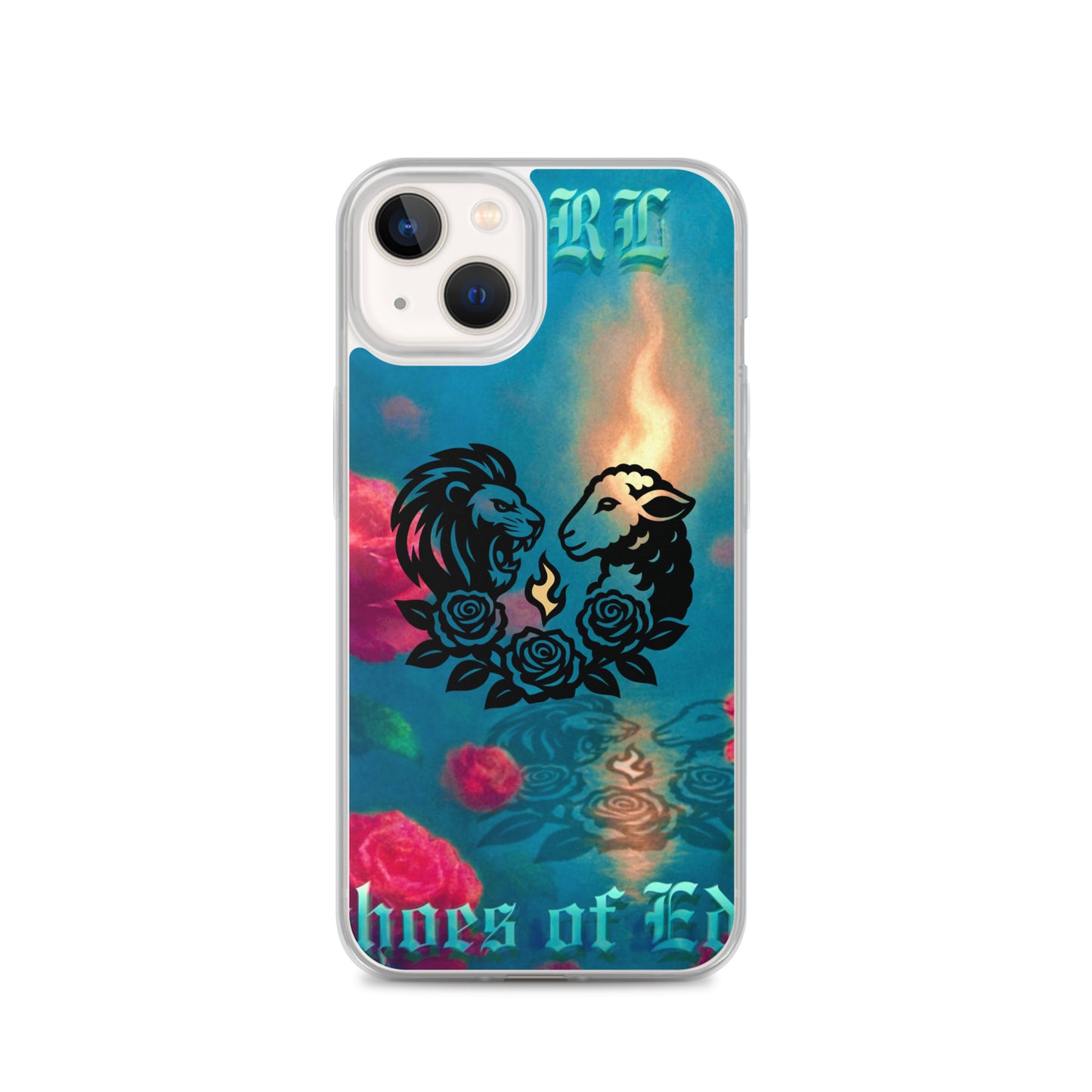 Phone case with lion and lamb design and colorful background on a white background