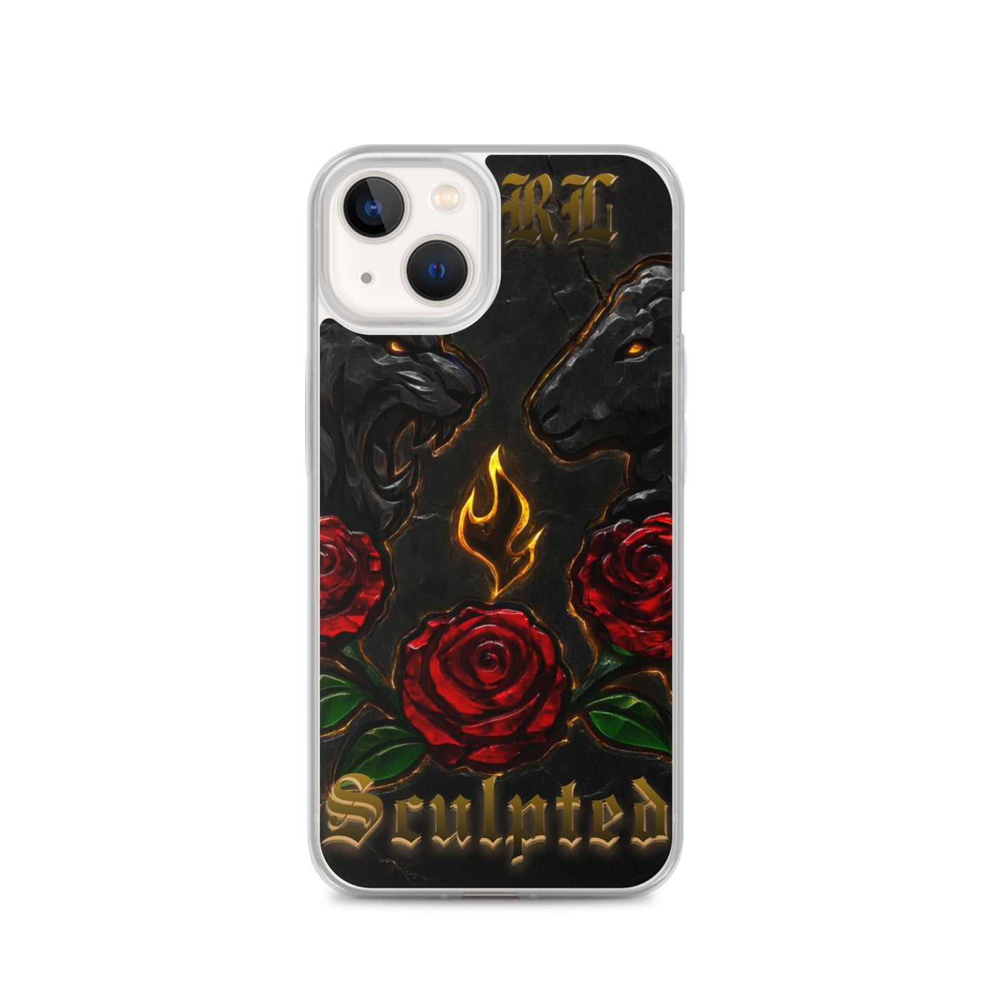 Phone case with roses, flames, and 'Sculpted' text on a black background