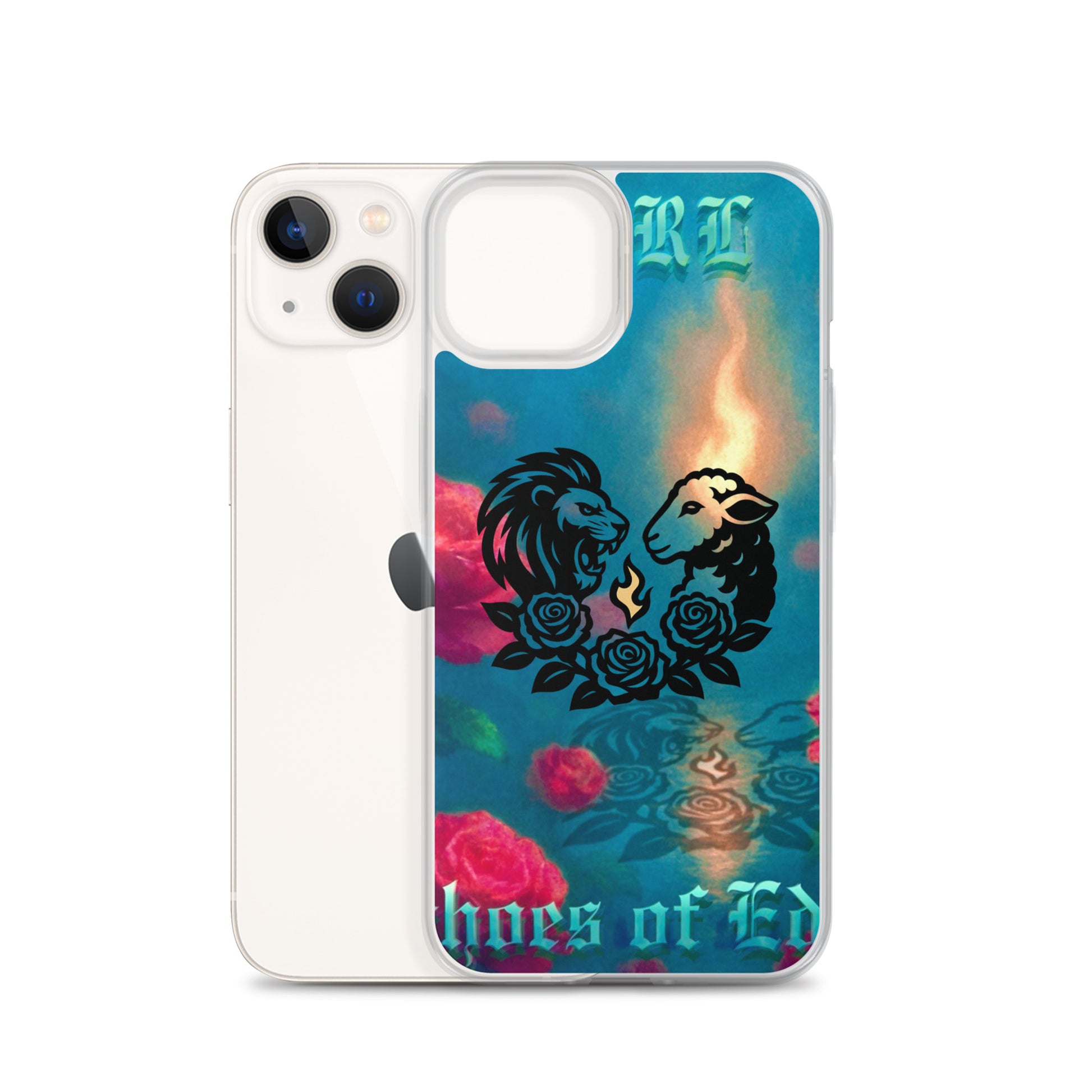 Phone case with lion design and colorful background on a white background