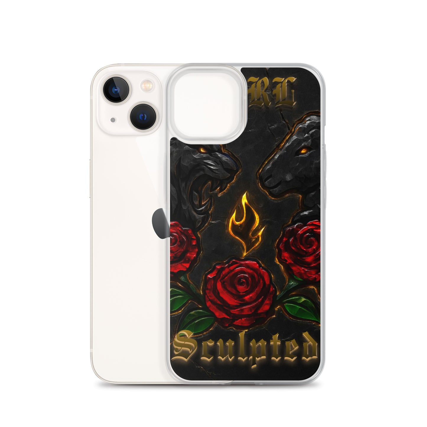 Phone case with roses, flames, and 'Sculpted' text on a white background