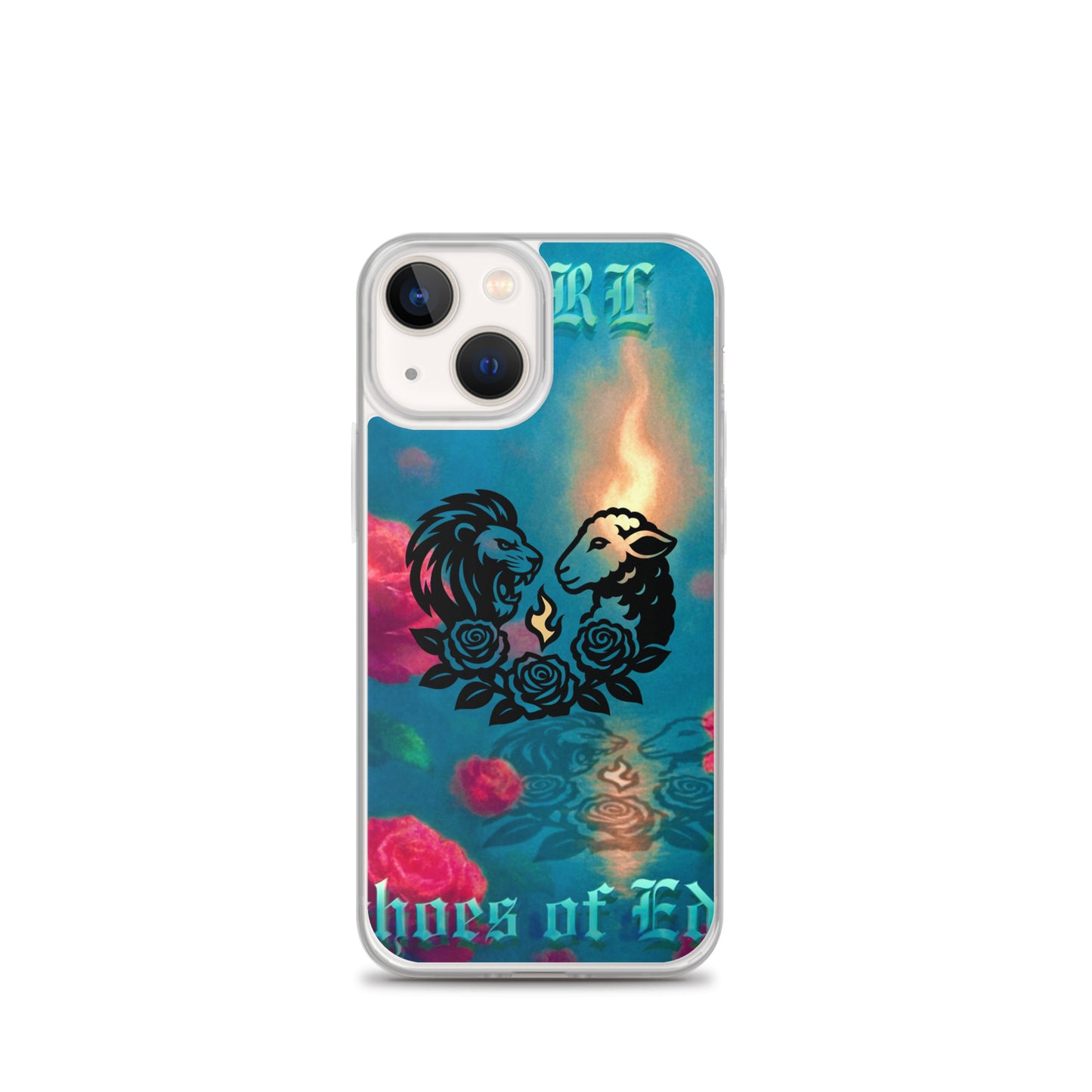 Phone case with lion and lamb design and 'Echoes Of Eden' text on a colorful background