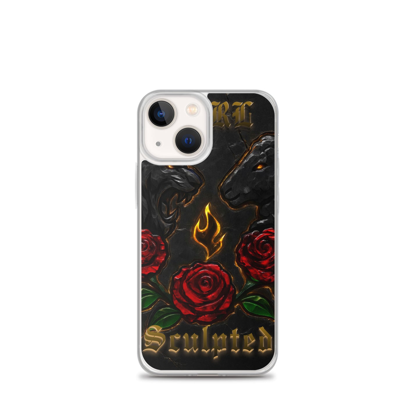 Phone case with roses, flames, and 'Sculpted' text on a black background