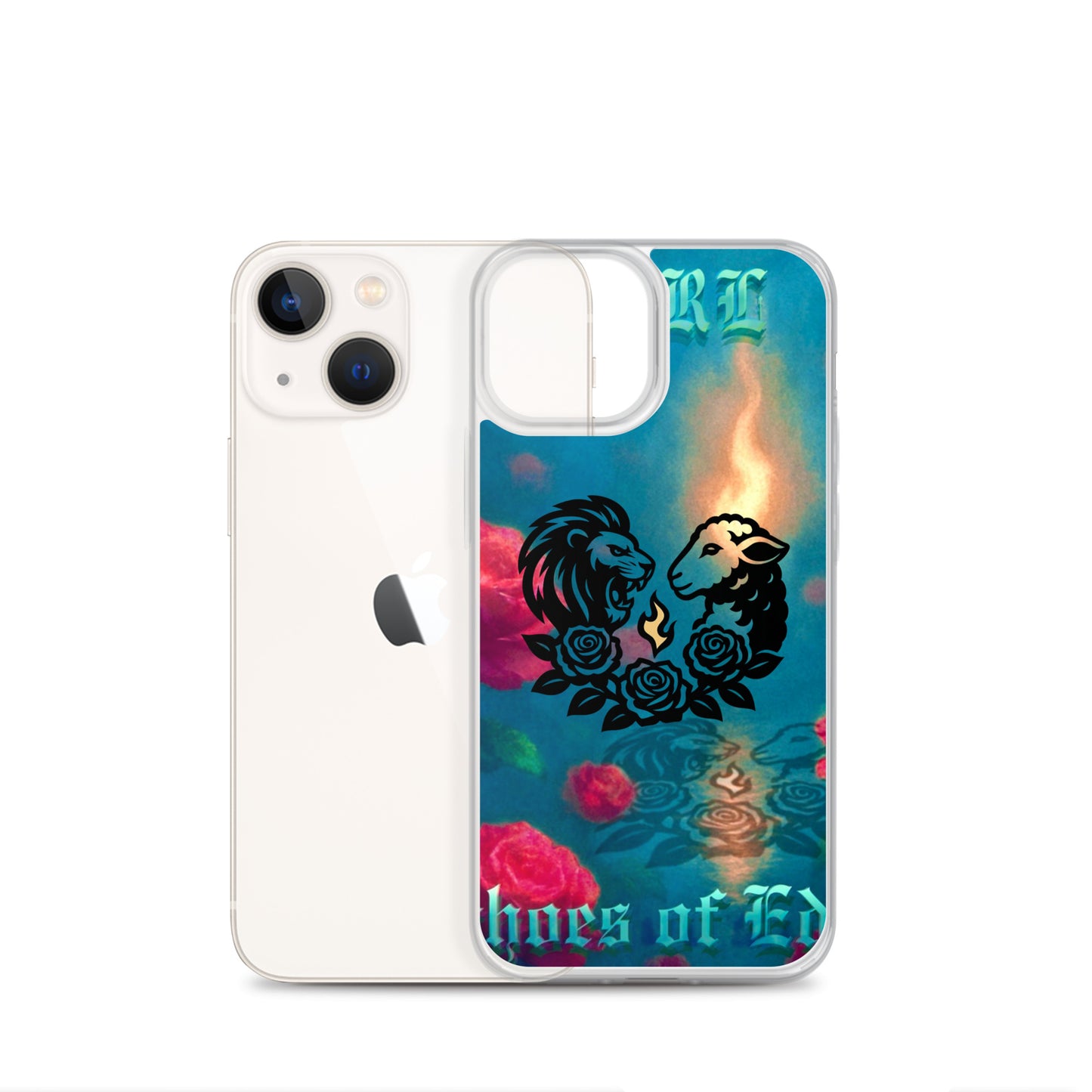 Phone case with lion and lamb design and 'Echoes Of Eden' text on a colorful background
